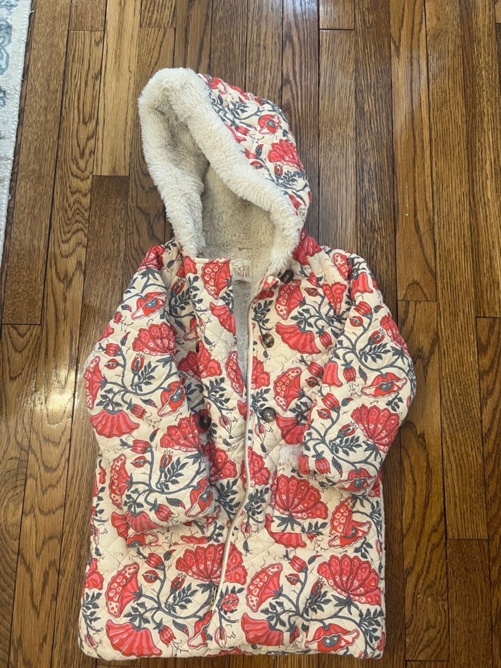 Girls' Floral Quilted Puffer Coat with Hood - Cream & Red